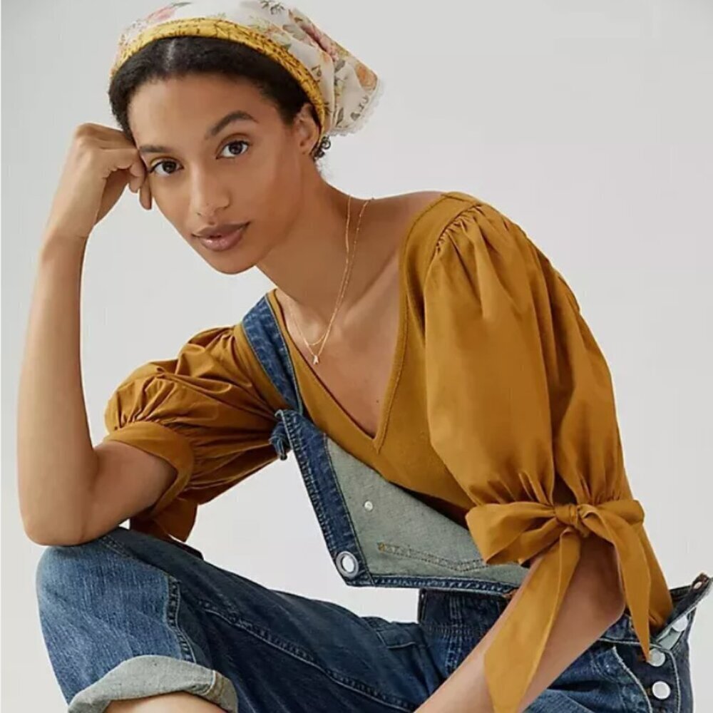 Maeve Anthropologie Meadow Rue  Mustard Ribbon Tied Puff-Sleeved V Neck Blouse S